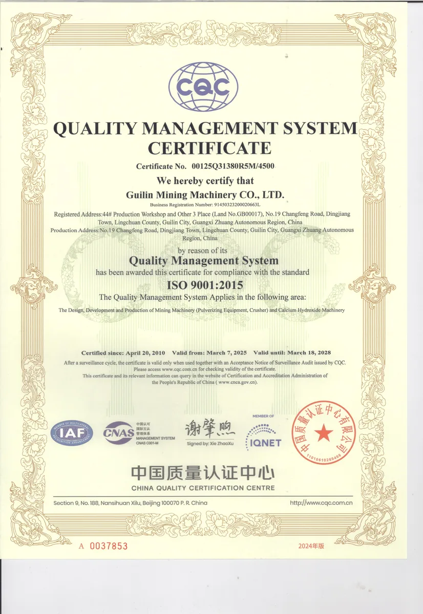 ISO 9001 quality management system certificate in English