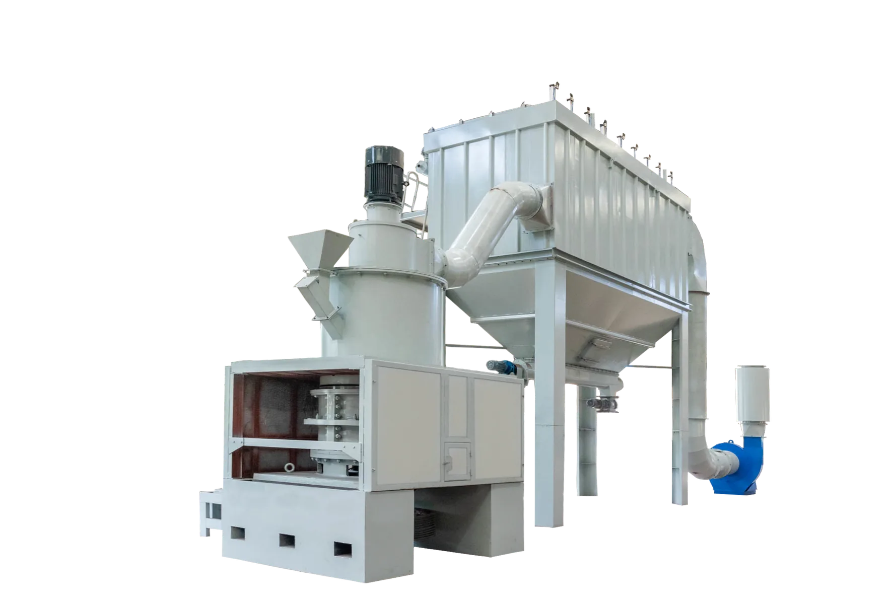 Front view of the CRGM calcite grinding mill showing grinding chamber, classifier and collection system